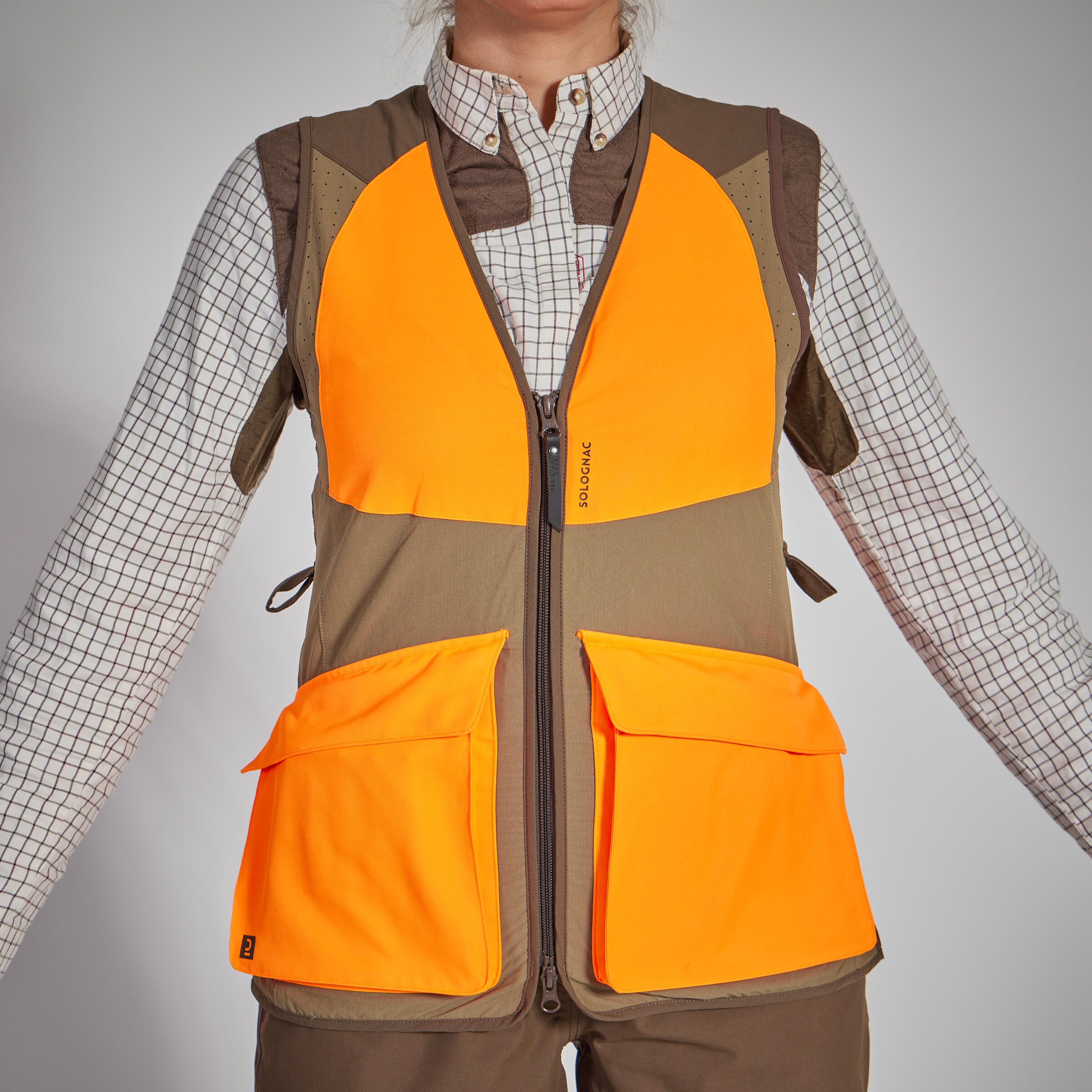 WOMEN'S 500 LIGHTWEIGHT BREATHABLE HUNTING VEST BROWN/FLUO