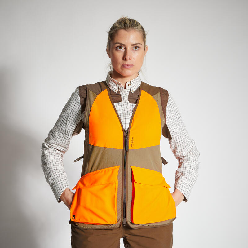 Gilet caccia donna 500 leggero traspirante marrone/fluo