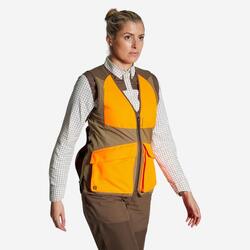GILET CHASSE FEMME 500 LEGER RESPIRANT MARRON/FLUO