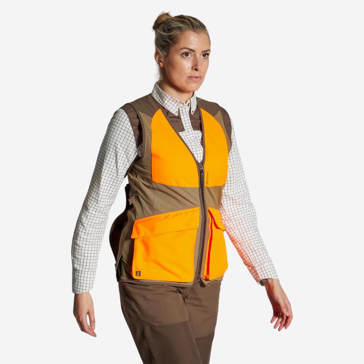 GILET CHASSE FEMME 500 LEGER RESPIRANT MARRON/FLUO
