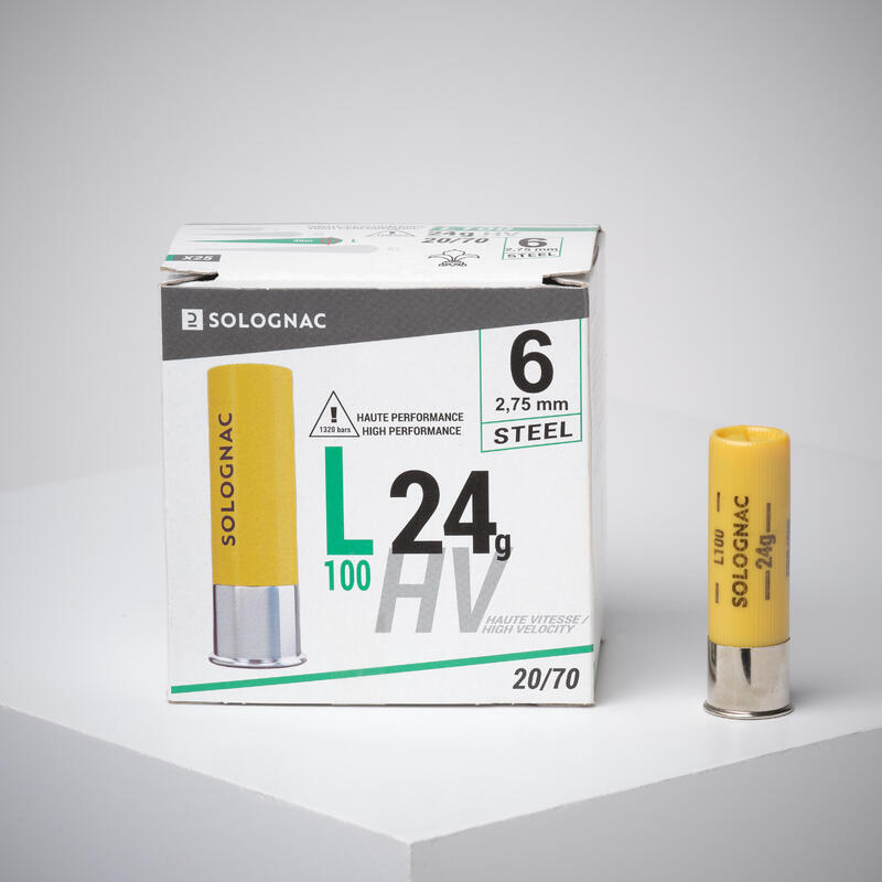 CARTOUCHE L100 24G HAUTE PRESSION CALIBRE 20/70 BILLE ACIER N°6X25