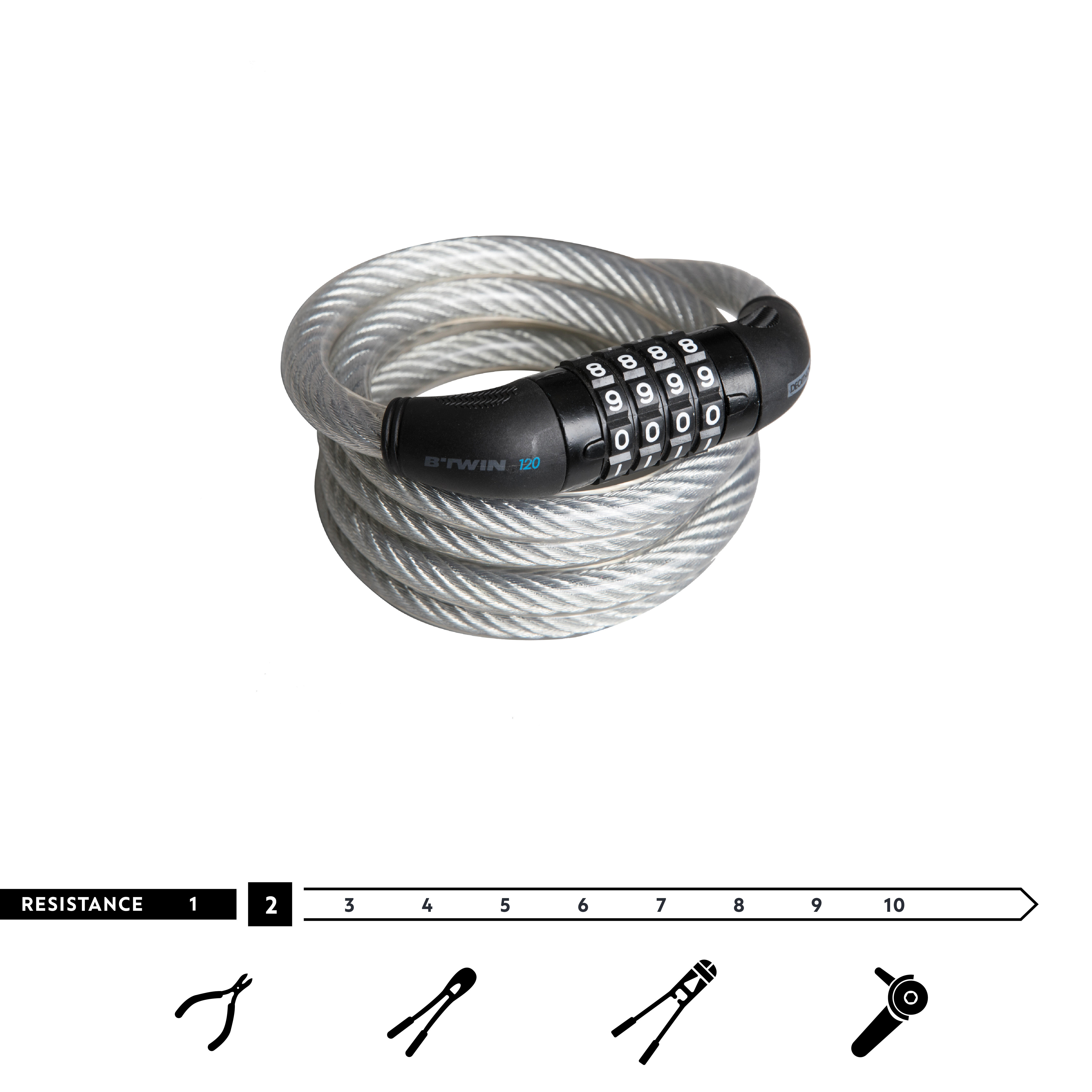 Bike Coil Cable Combination Lock - 120 Grey - ELOPS