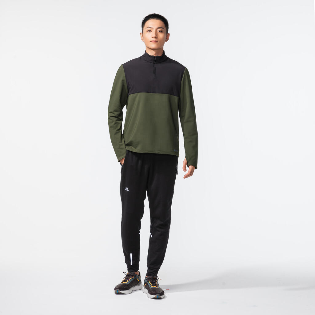 Men's KIPRUN Run 500 Warm Long-sleeved Zip Running T-Shirt - Khaki