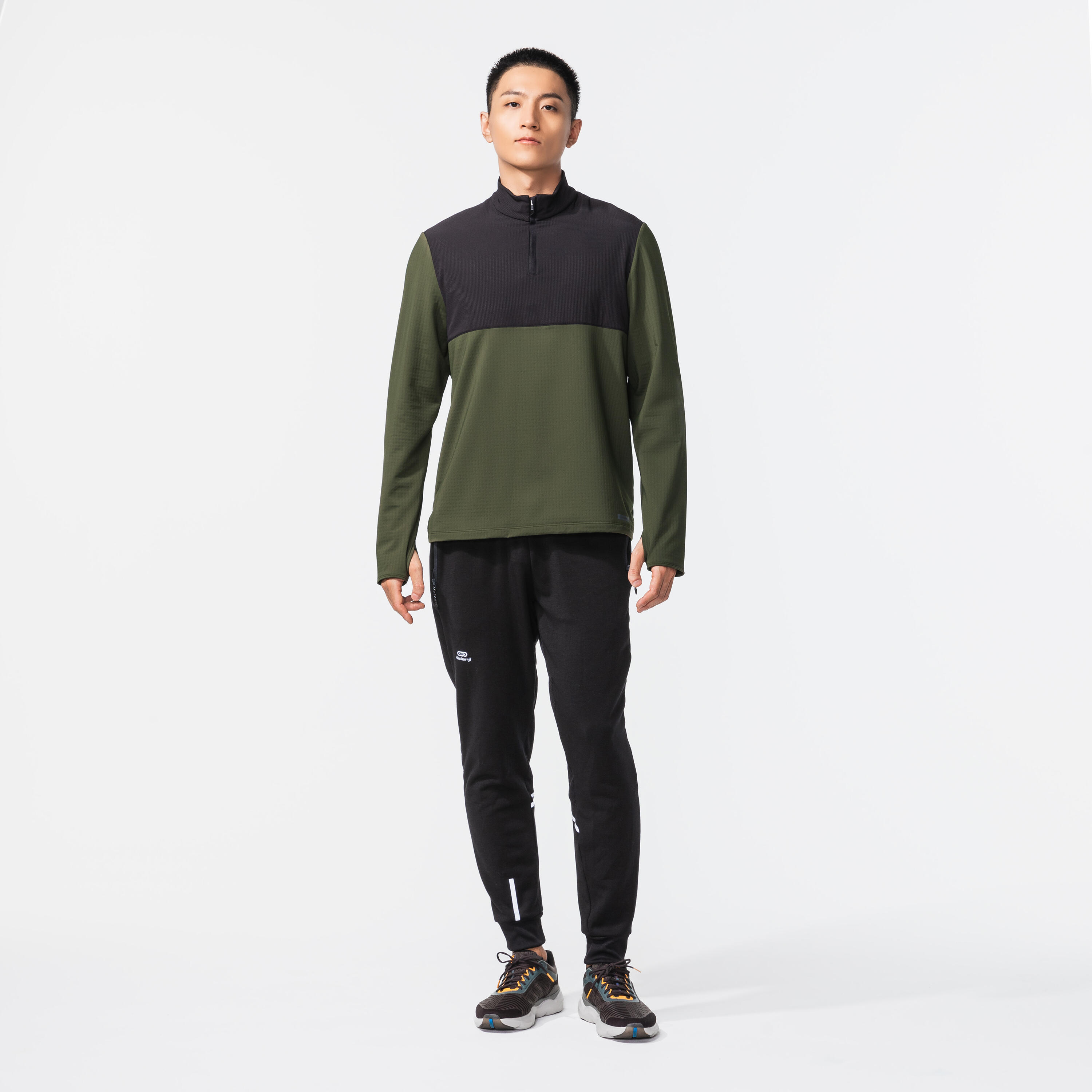 Maglia Manica Lunga Running Uomo Warm 500 Verde Militare Kalenji