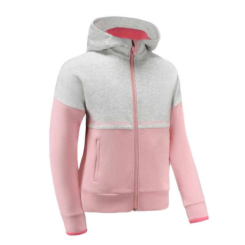 Kids' Zipped Breathable Cotton Hoodie 900 - Pink/Heathered Light Grey