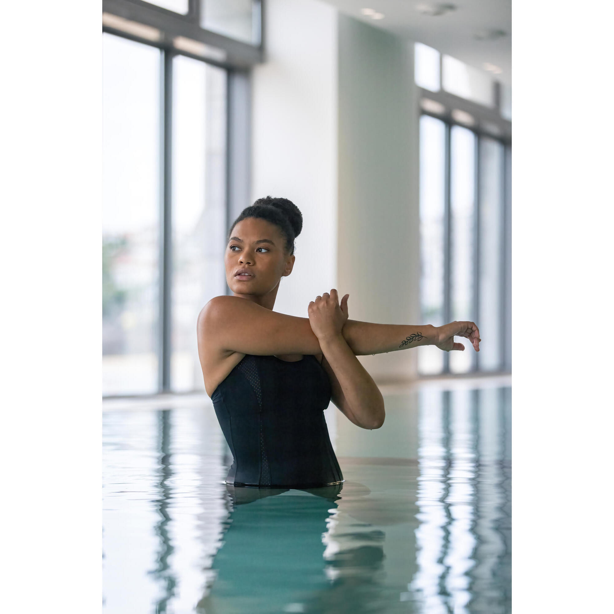 Maillot de bain 1 pièce Aquafitness femme Elea noir moutarde 7/9
