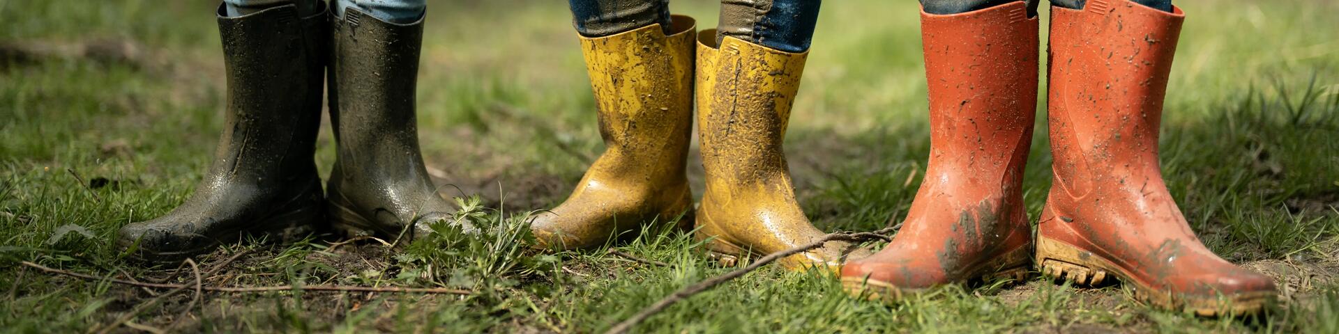 Close-up of three people wearing colourful wellies in muddy conditions