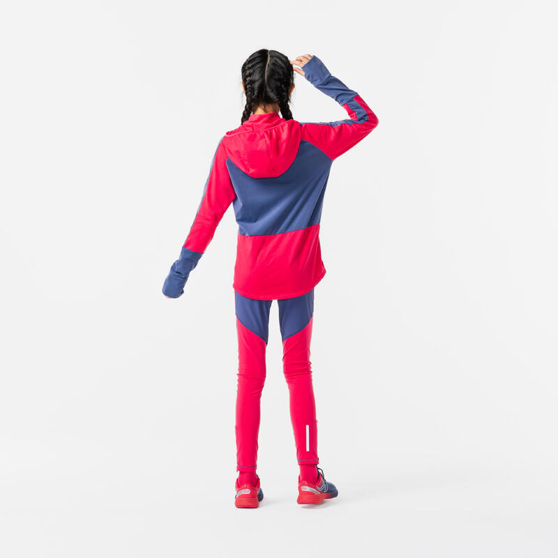 KIDS' WARM LONG-SLEEVED RUNNING JERSEY - KIPRUN WARM+ - PINK AND GREY