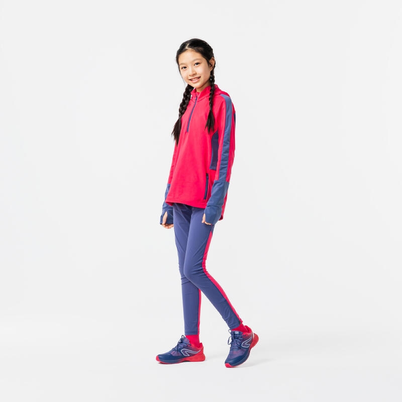 KIDS' WARM LONG-SLEEVED RUNNING JERSEY - KIPRUN WARM+ - PINK AND GREY