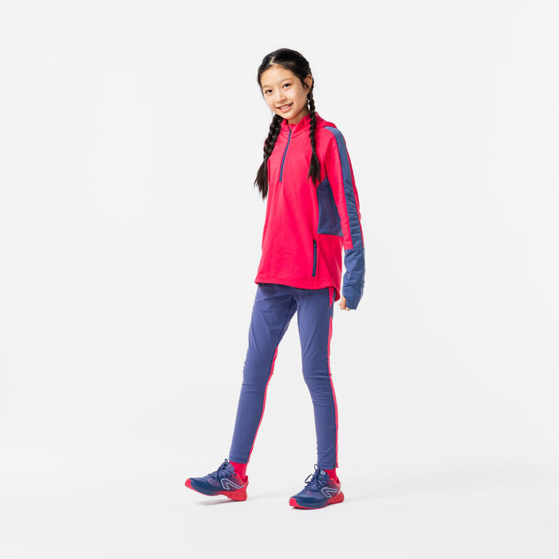 KIDS' WARM LONG-SLEEVED RUNNING JERSEY - KIPRUN WARM+ - PINK AND GREY