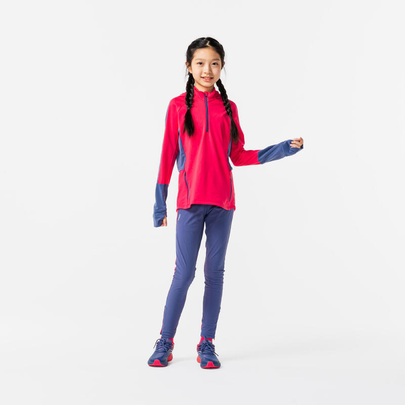 KIDS' WARM LONG-SLEEVED RUNNING JERSEY - KIPRUN WARM+ - PINK AND GREY