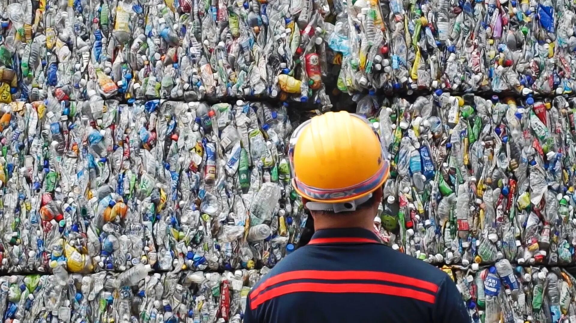 Picture man in front of plastic bottle blocks