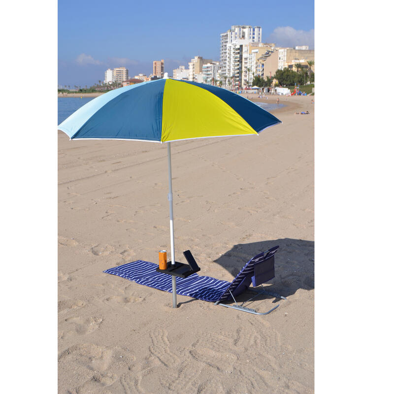 Soporte barrena + mesa auxiliar bebida y móvil para sombrilla de playa