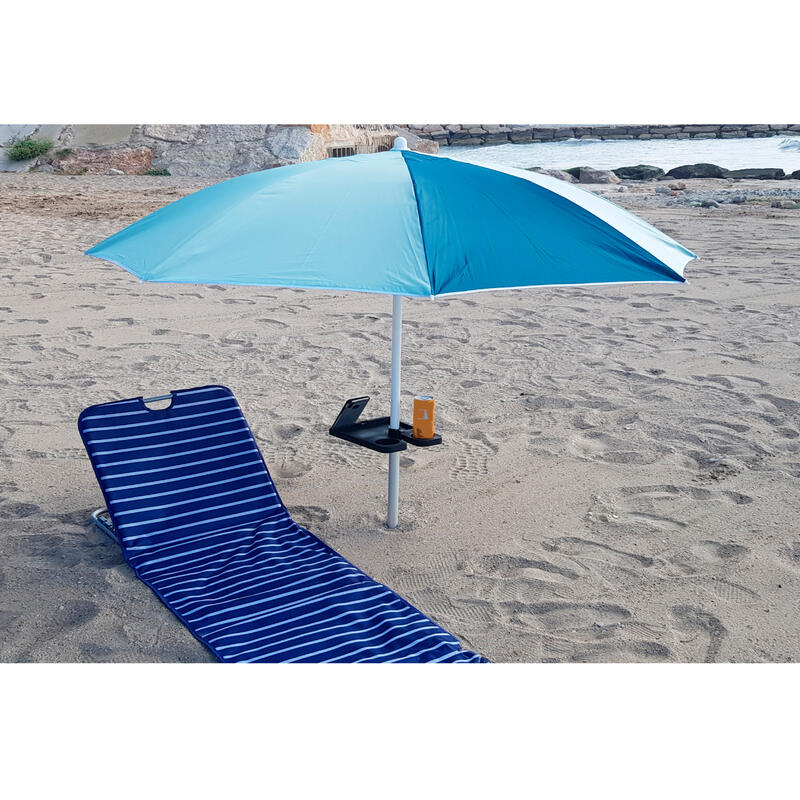 Soporte barrena + mesa auxiliar bebida y móvil para sombrilla de playa