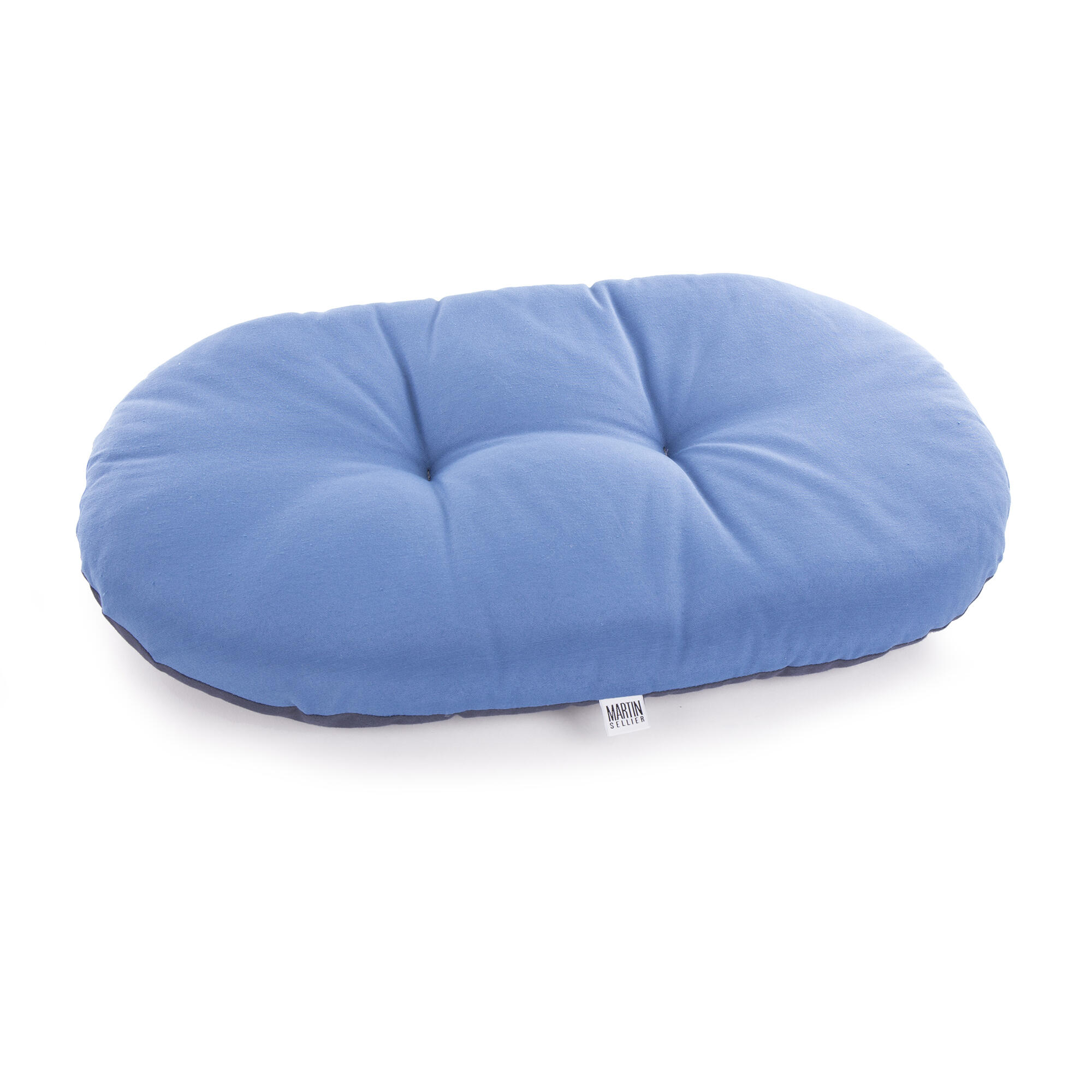 MARTIN SELLIER Oval wadded dog cushion, blue.