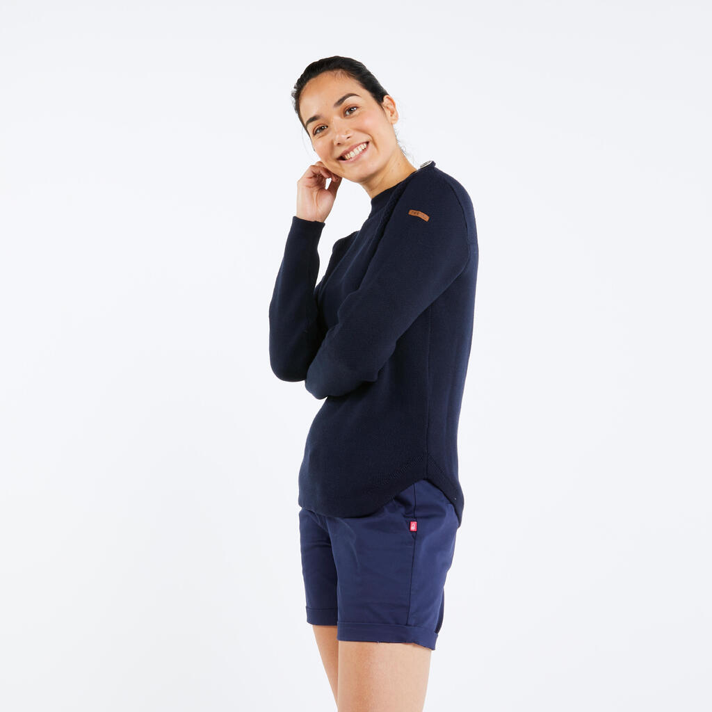 Women’s knitted navy pullover - 100 beige with navy blue stripes