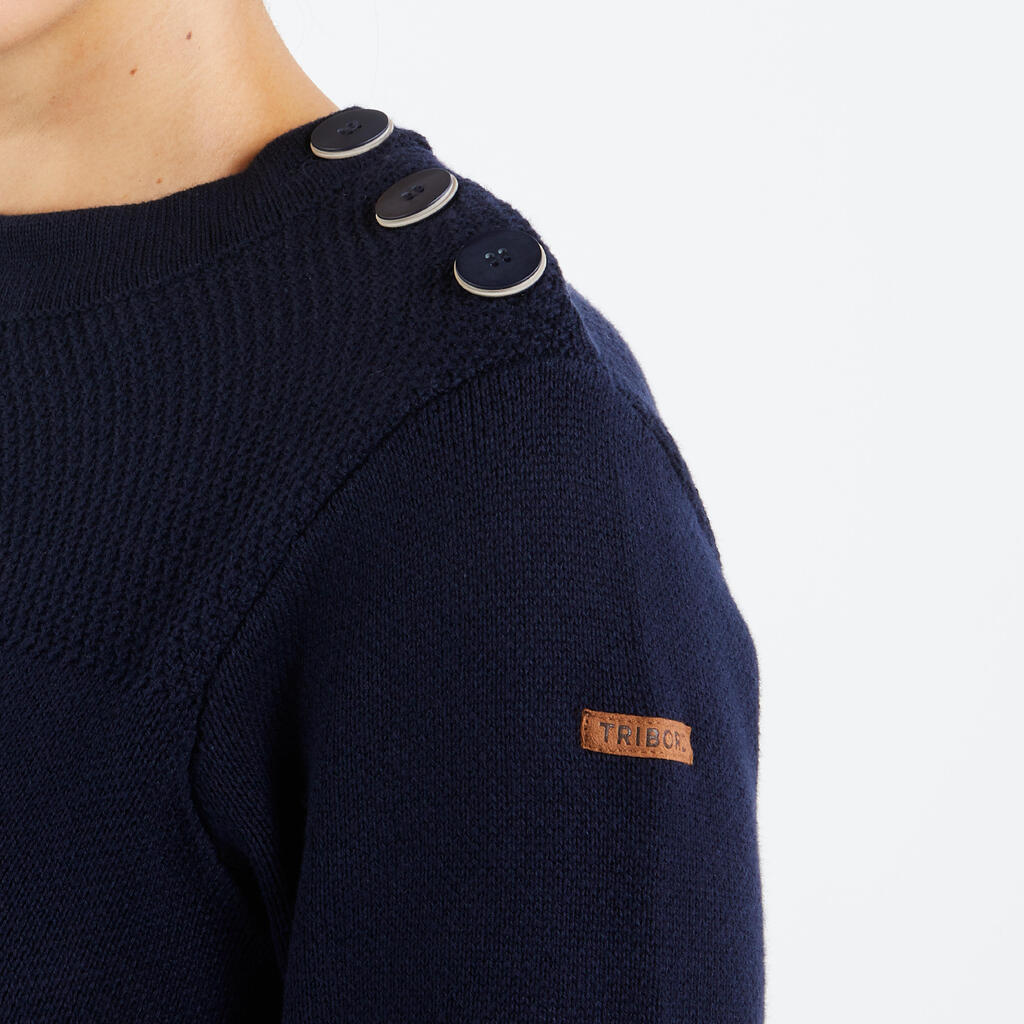 Women’s knitted navy pullover - 100 beige with navy blue stripes