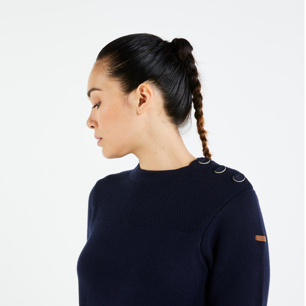 Moteriškas buriavimo džemperis „100“, mėlynas su baltomis juostomis