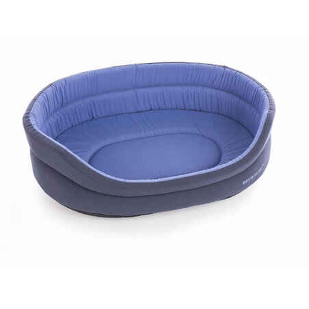 Dog bed + removable cushion in blue and mottled grey.