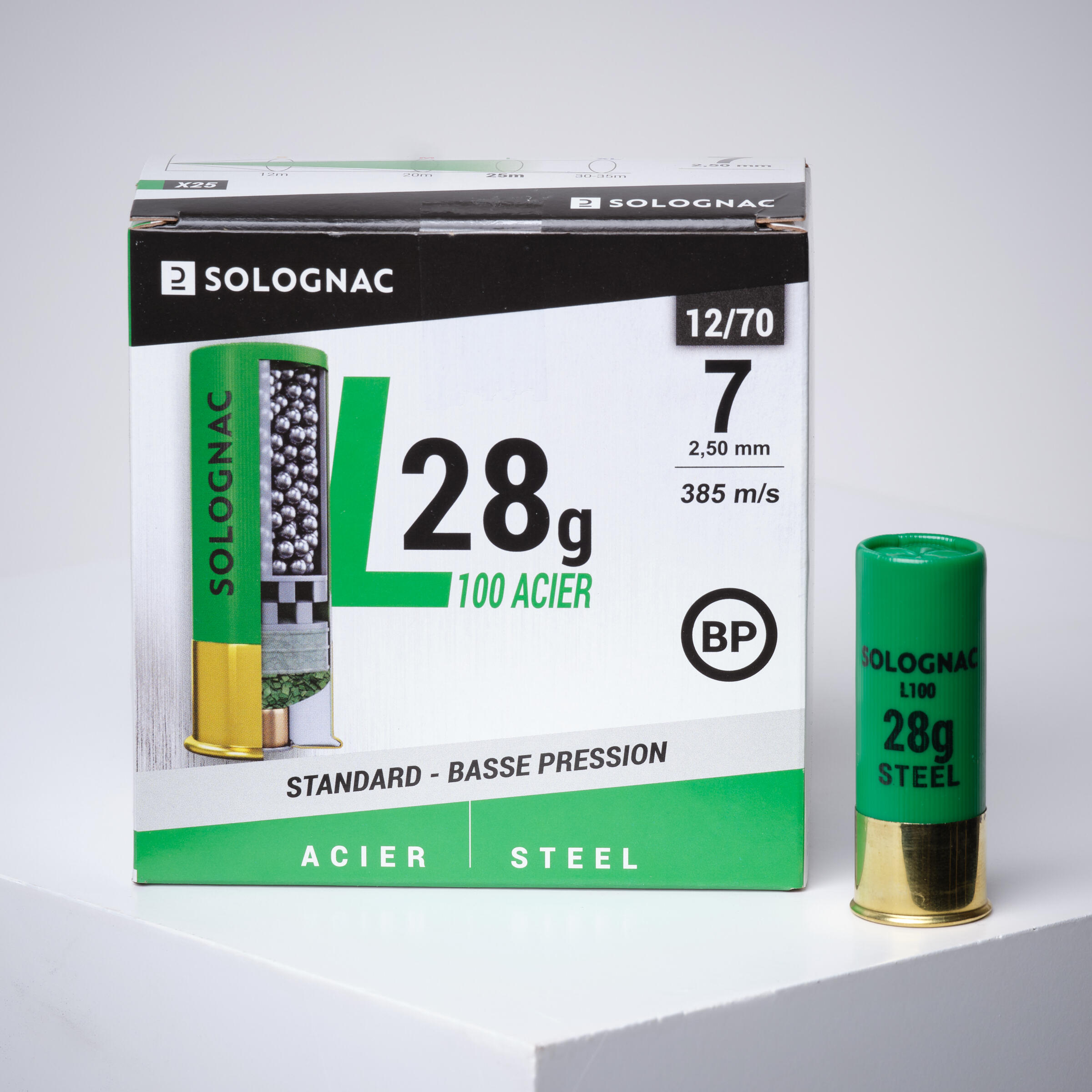 SOLOGNAC Cartucho Caza Solognac L100 28 g Calibre 12/70 Baja Presión Perdigón Acero N.° 7 x25