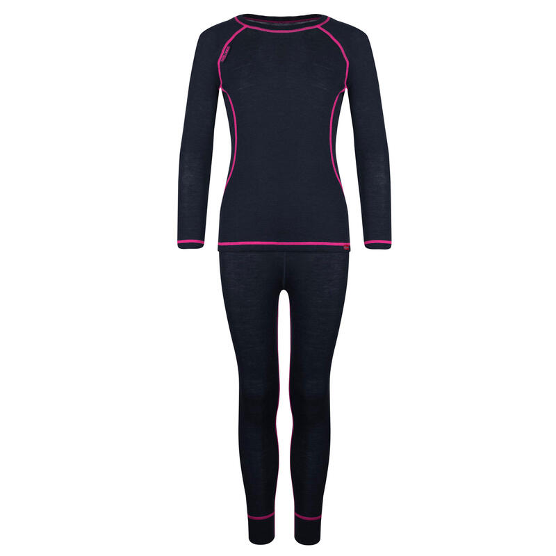 MANCHES LONGUES ET COLLANT MÉRINOS RANDONNÉE FILLE - SET BASELAYER BLEU/ROSE