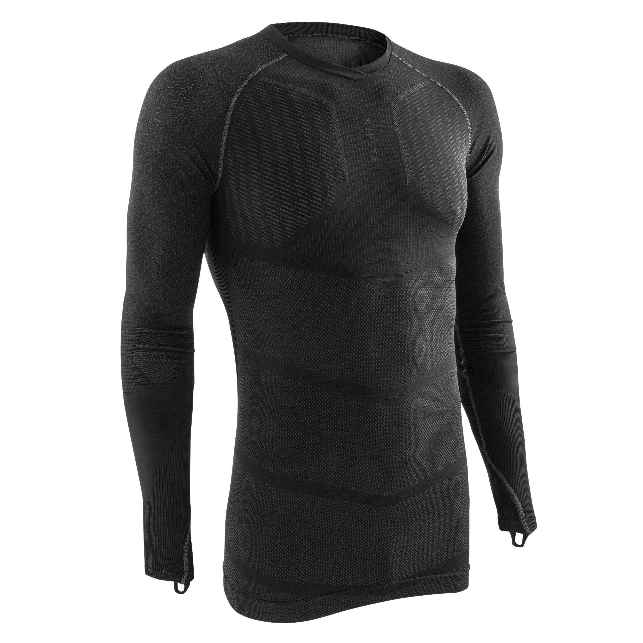 PRIMERA CAPA FÚTBOL CUELLO ALTO MANGA LARGA  ADULTO NEGRO KEEPDRY 500 7/22