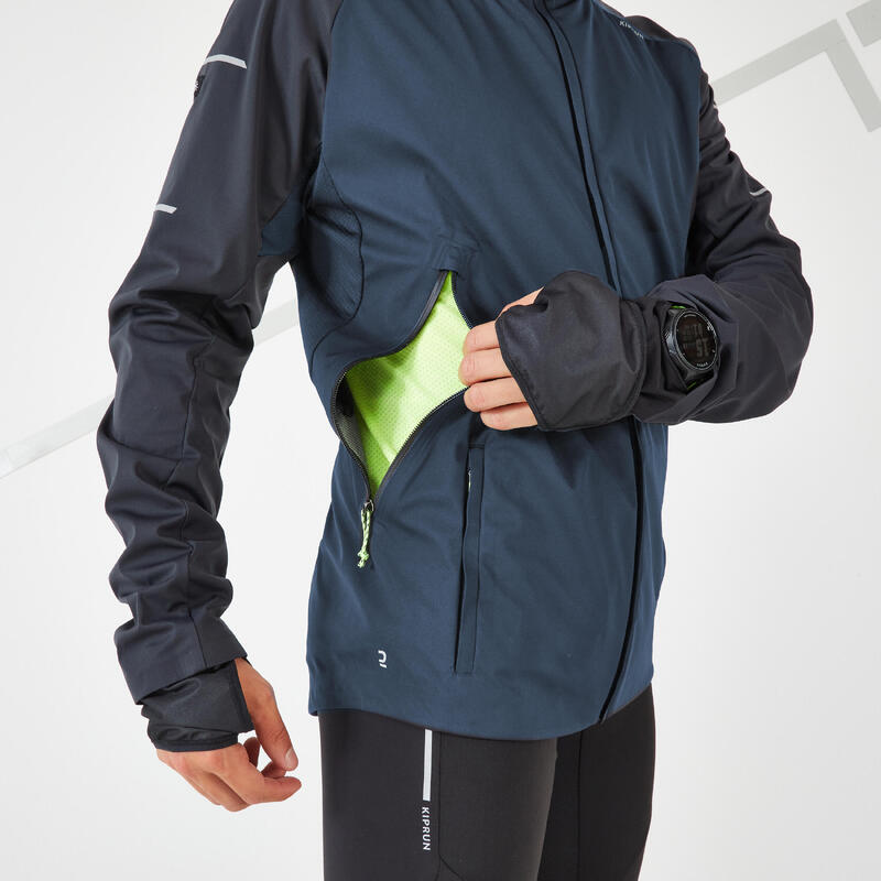 VESTE RUNNING HIVER DEPERLANTE COUPE-VENT HOMME - KIPRUN WARM REGUL BLEU FONCE