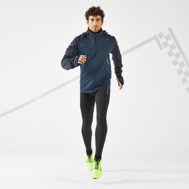 Chaqueta running Hombre cortaviento perlante Kiprun Warm azul gris