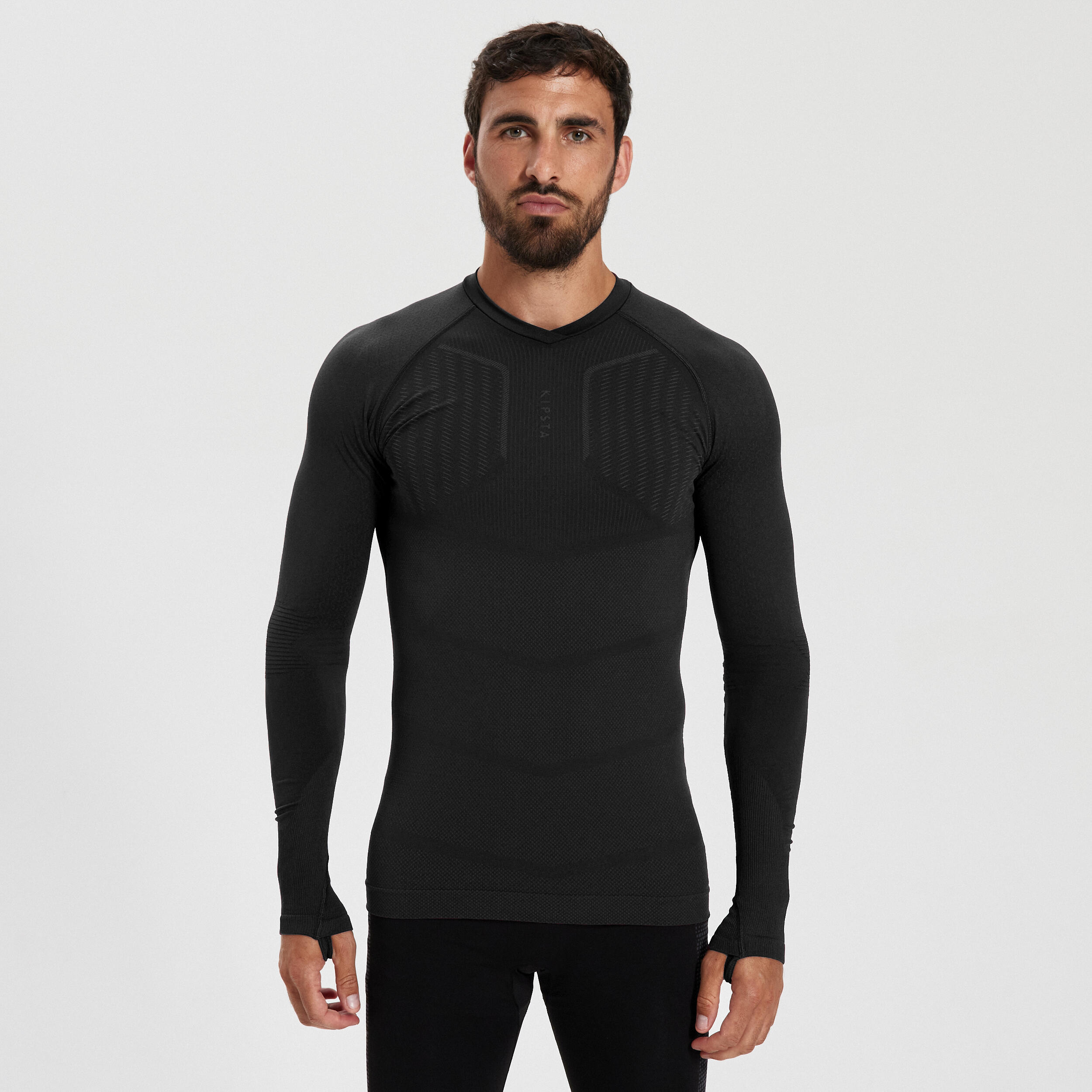 PRIMERA CAPA FÚTBOL CUELLO ALTO MANGA LARGA  ADULTO NEGRO KEEPDRY 500 8/22