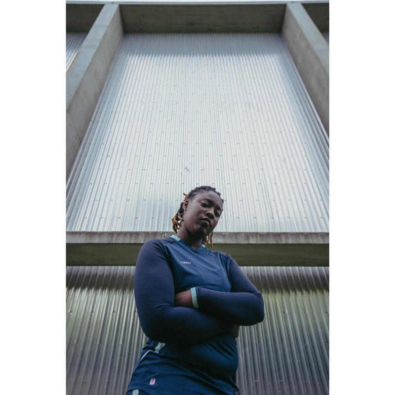 Voetbalshirt met lange mouwen voor dames aansluitende pasvorm blauw