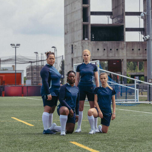 Maillot football femme bleu, manche courte, coupe droite