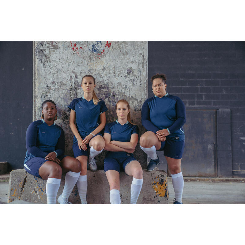 Voetbalshirt met lange mouwen voor dames aansluitende pasvorm blauw