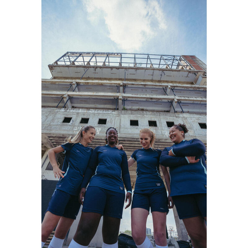 Voetbalshirt dames 900 lange mouwen slim-fit blauw