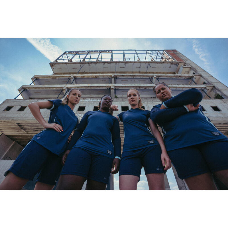 Voetbalshirt met lange mouwen voor dames aansluitende pasvorm blauw