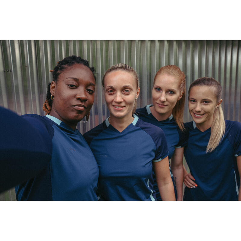 Maillot de football femme bleu, manche courte, coupe droite