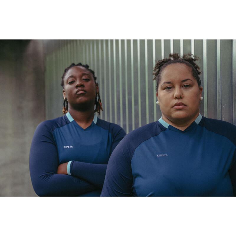 Voetbalshirt met lange mouwen voor dames aansluitende pasvorm blauw