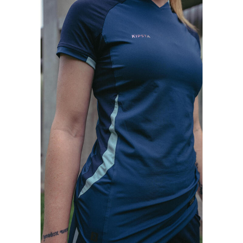 Voetbalshirt met korte mouwen voor dames nauwsluitende snit blauw