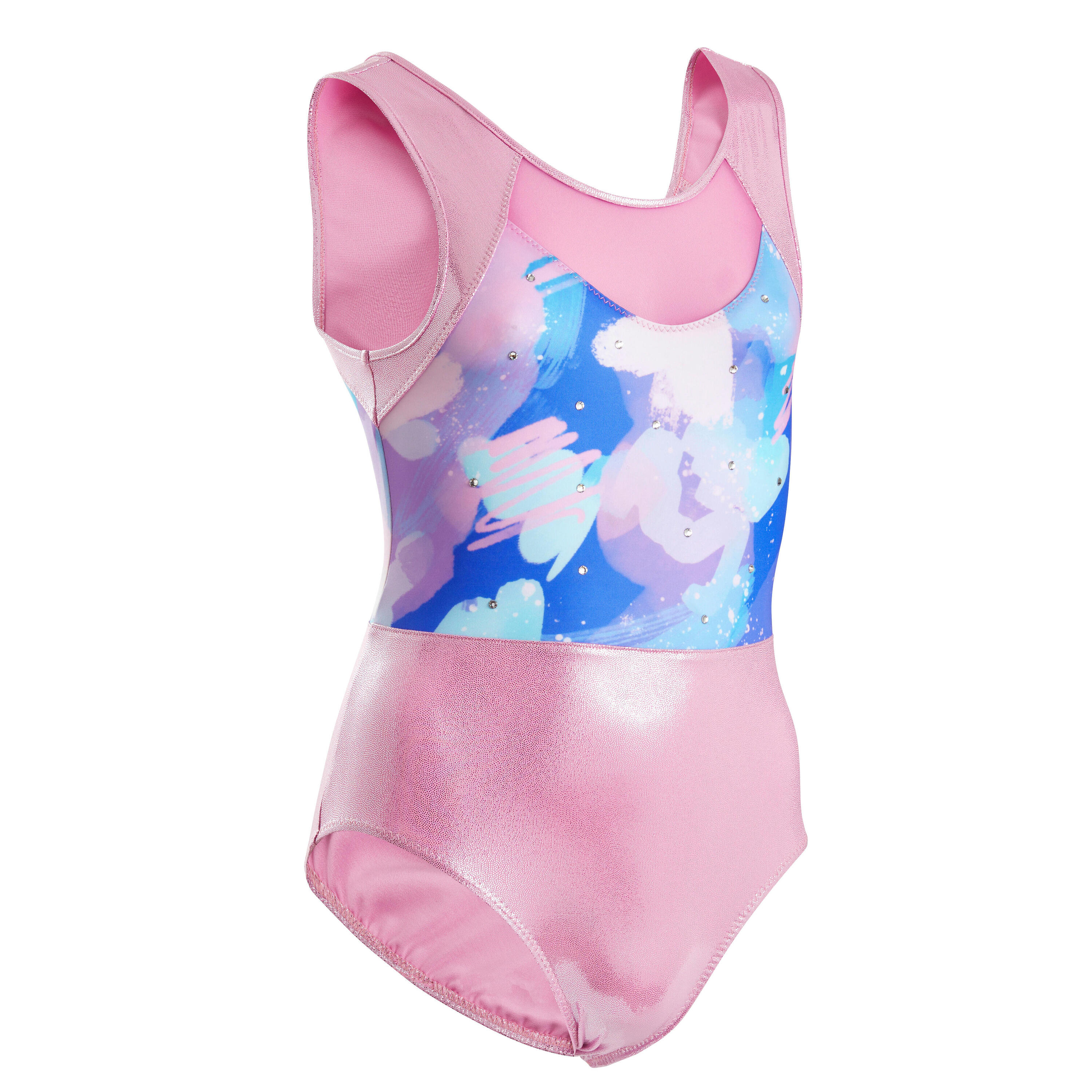 Maillot Gimnasia Niña Azul Purpurina + Cristales Brillantes Sin Mangas 2/7
