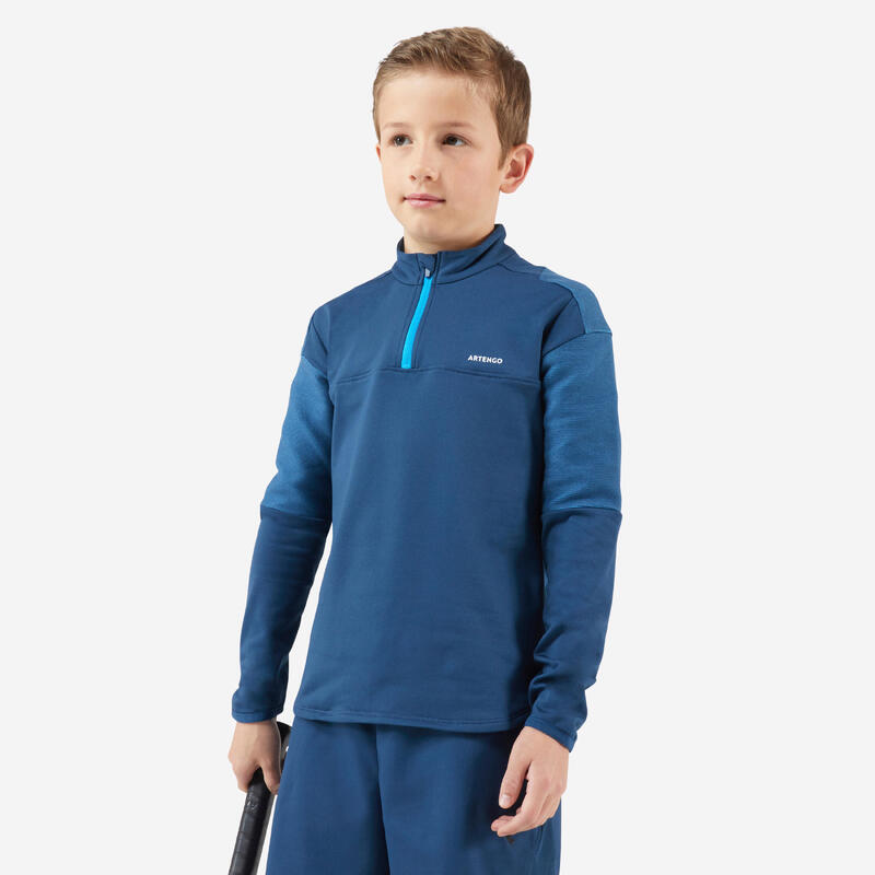 男童款長袖網球 T 恤 - 藍綠色