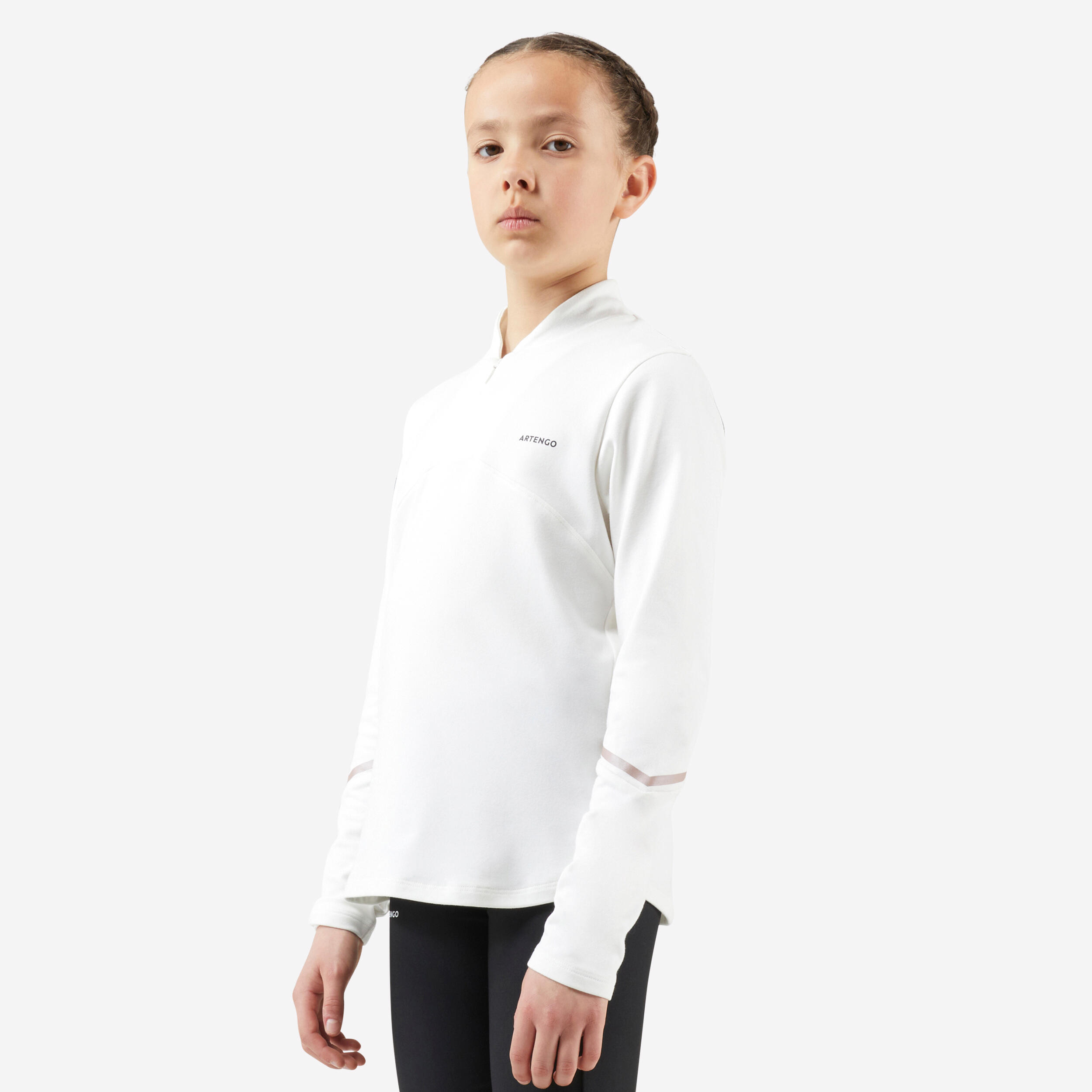 ARTENGO Girls' Long-Sleeved 1/2 Zip Thermal Tennis T-Shirt - Off-White