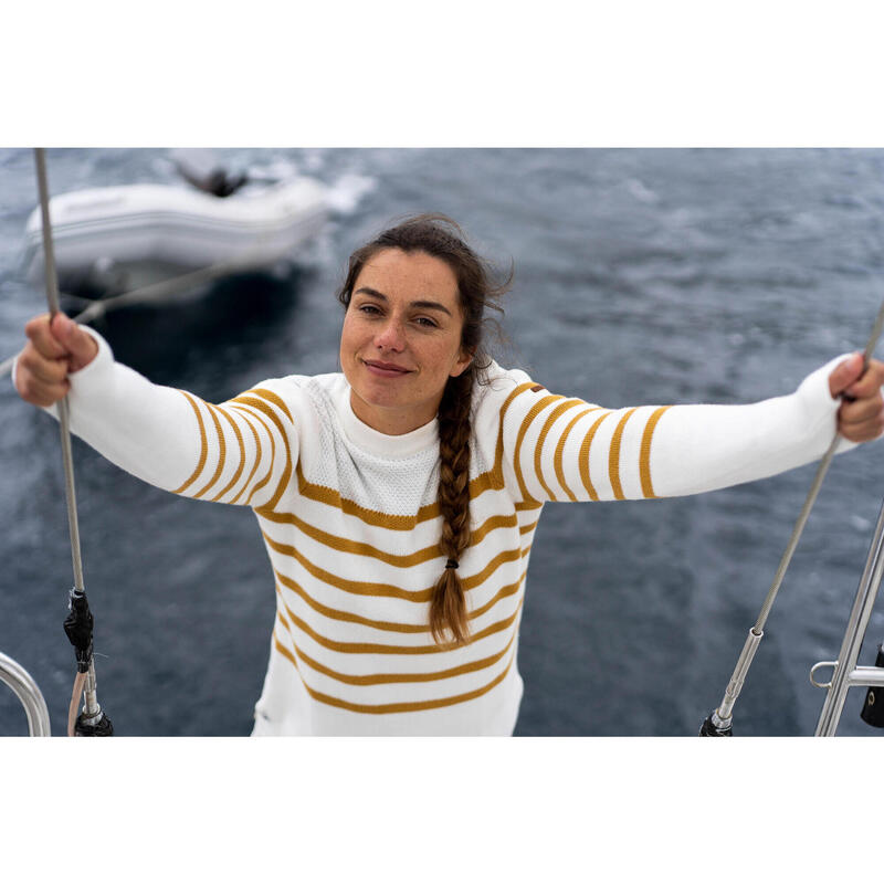 Maglione barca donna 100 bianco-ocra