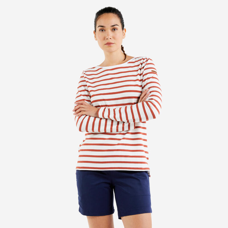 Camiseta Marinera Vela Sailing 100 Mujer Naranja Quemado Manga Larga