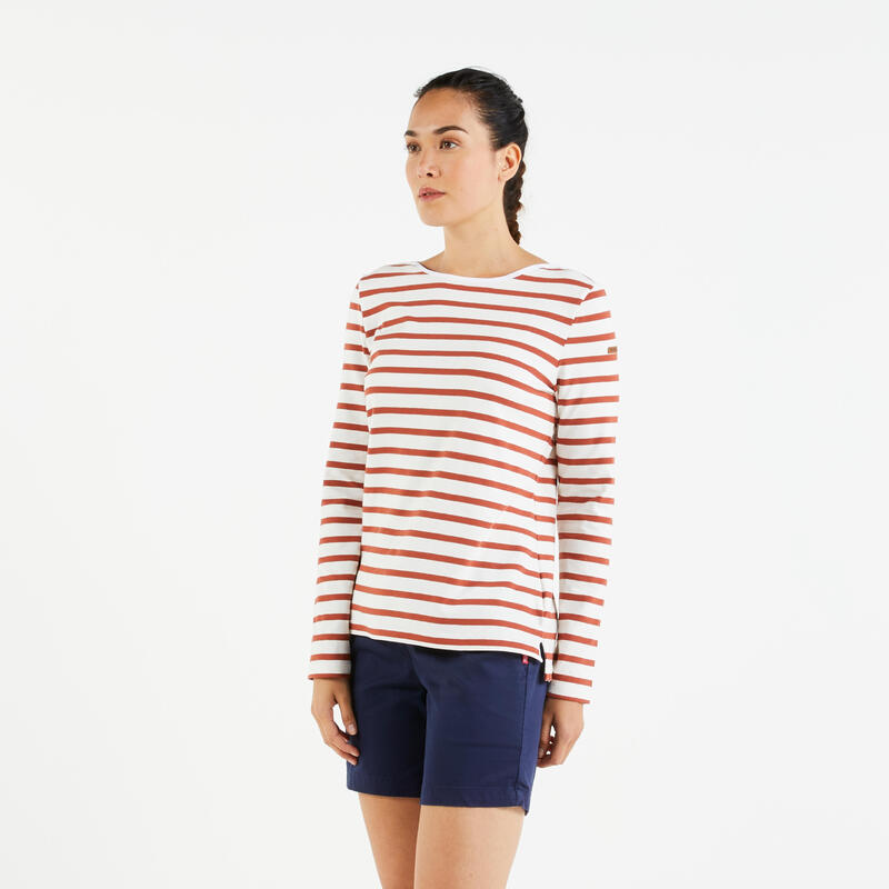 Camiseta Marinera Vela Sailing 100 Mujer Naranja Quemado Manga Larga