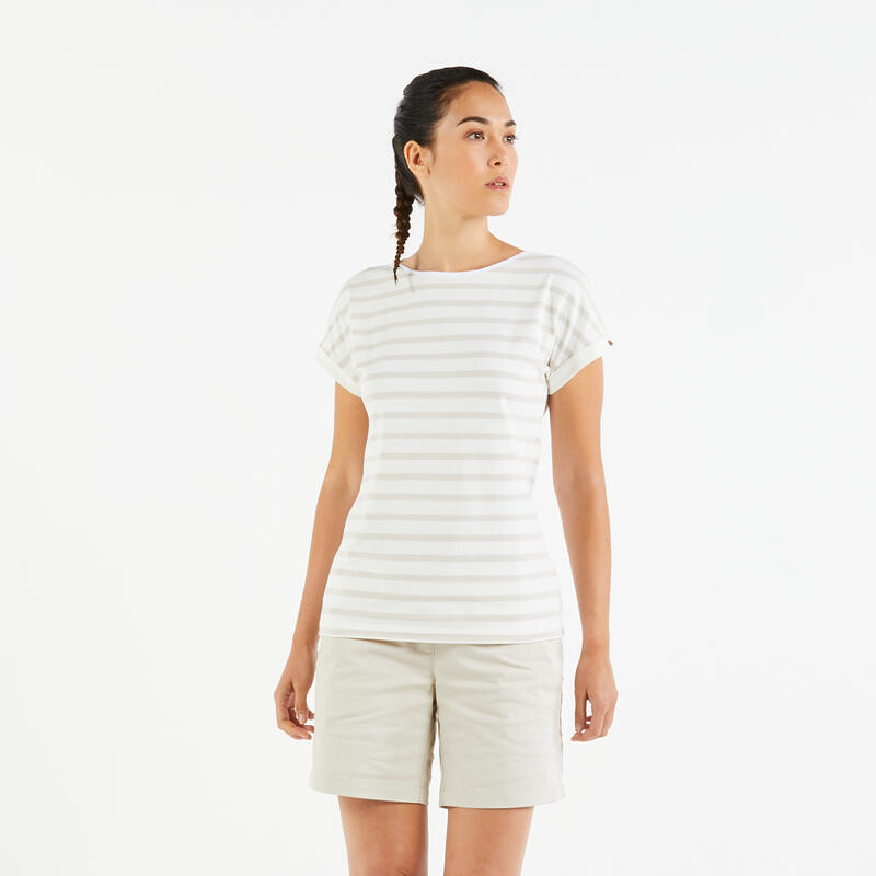 Streepjes T-shirt voor dames Sailing 100 korte mouwen beige