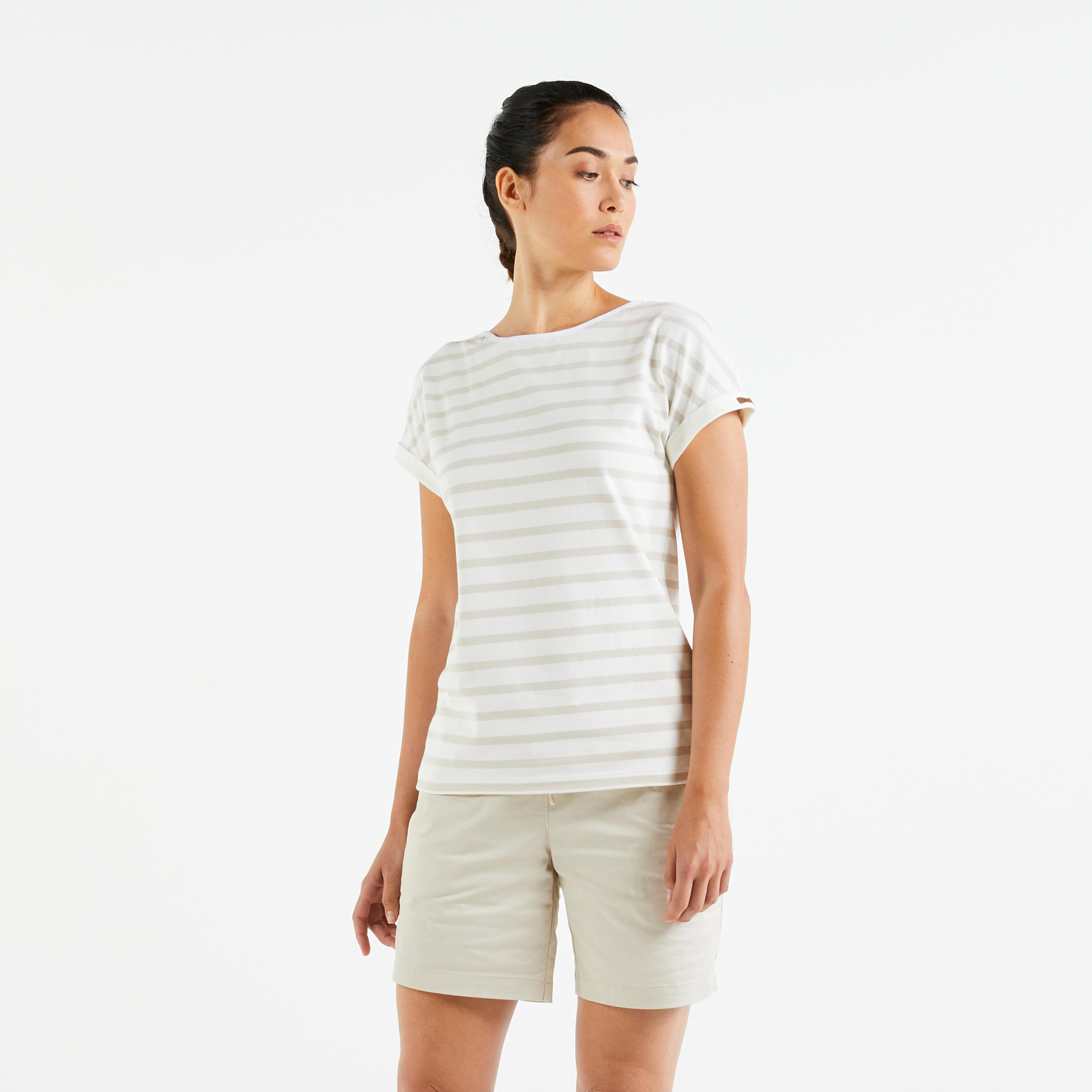 Women's short-sleeved T-Shirt - sailor's top Sailing 100 beige 3/8