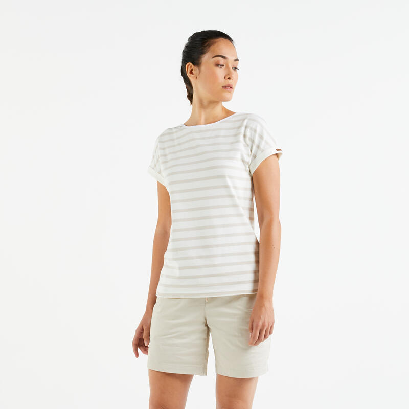 Streepjes T-shirt voor dames Sailing 100 korte mouwen beige