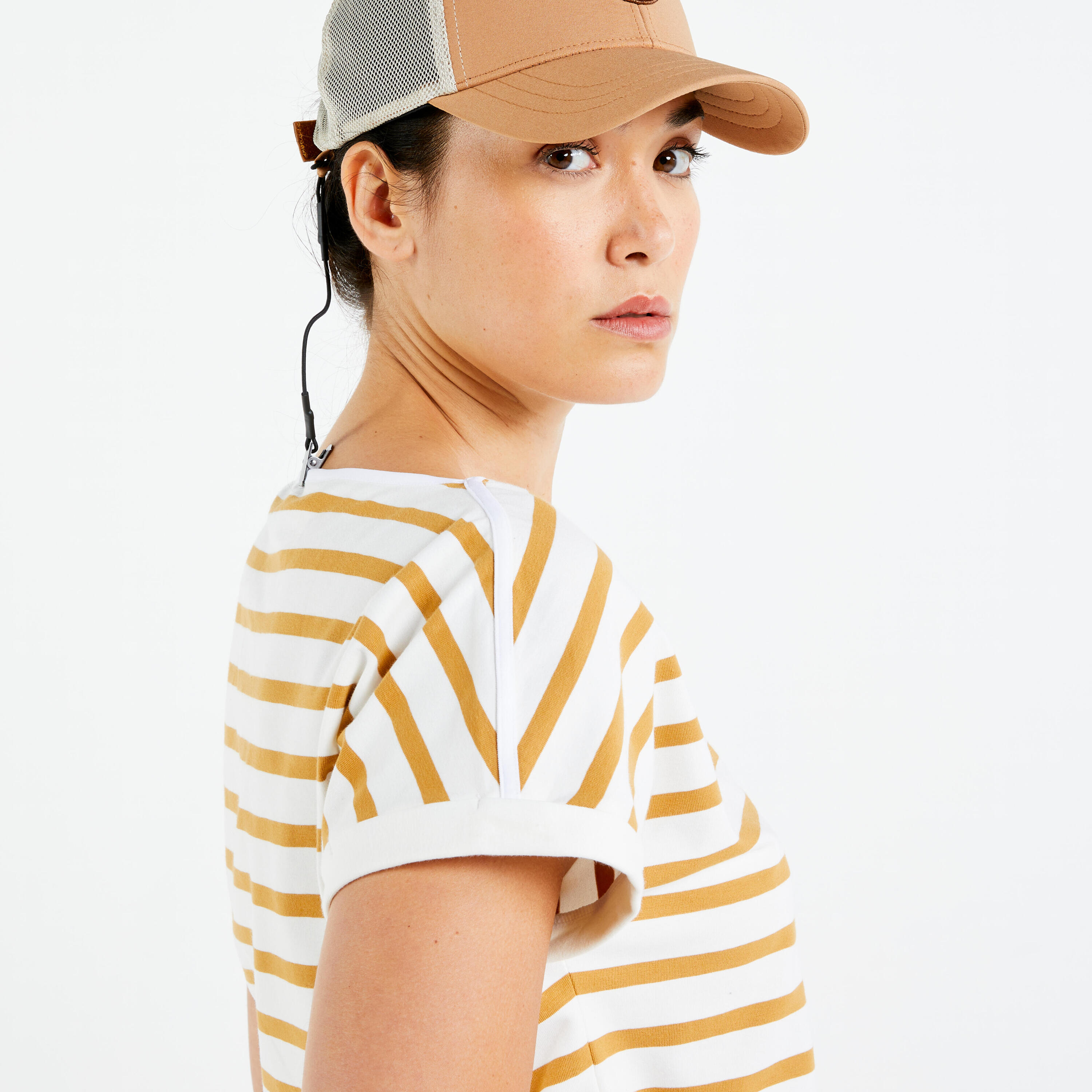 Gestreept T-shirt met korte mouwen voor zeilen dames Sailing 100 wit oker 6/7