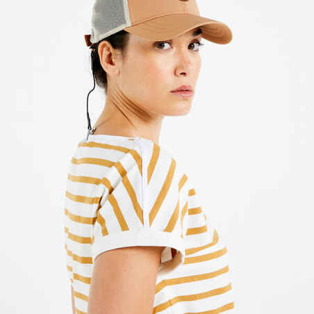 Moteriški trumparankoviai buriavimo marškinėliai „100“, balti, ochros spalvos