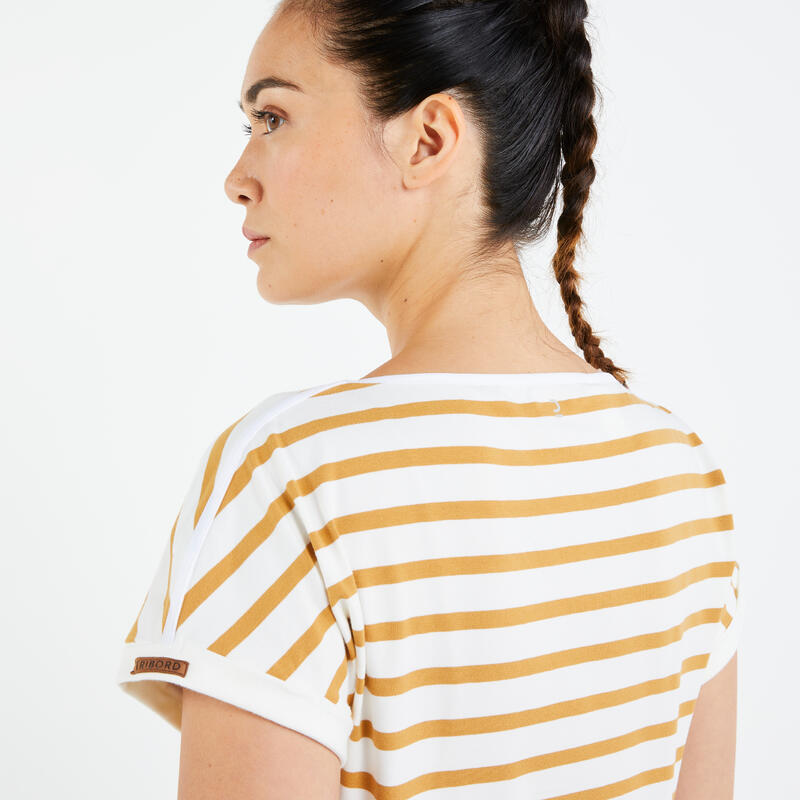 Gestreept T-shirt met korte mouwen voor zeilen dames Sailing 100 wit oker