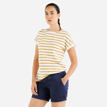 Playera Vela Sailing 100 Mujer Blanco Ocre Manga Corta Estilo Marinero